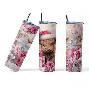 20oz Insulated Tumbler, Christmas, Cow, Pink, Cute